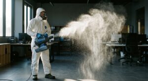 Technicien EPI réalisant une nébulisation ULV biocide pour désinfection aérienne