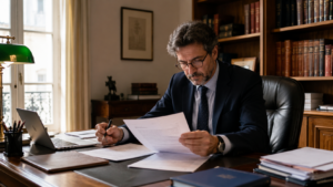 Notaire examinant un devis de nettoyage dans le cadre d'une succession